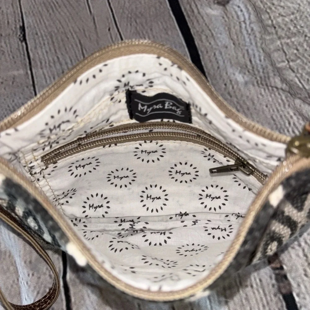 Myra Bag Up Cycled Canvas And Cowhide Leather Wristlet Pouch Bag Clutch